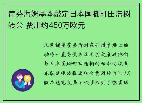 霍芬海姆基本敲定日本国脚町田浩树转会 费用约450万欧元 霍芬海姆基本敲定日本国脚町田浩树转会 费用约450万欧元