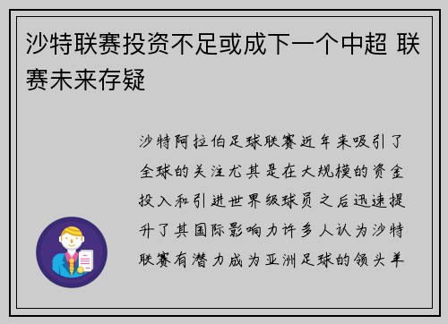 沙特联赛投资不足或成下一个中超 联赛未来存疑