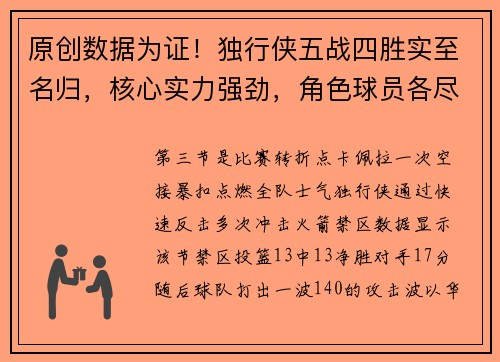 原创数据为证！独行侠五战四胜实至名归，核心实力强劲，角色球员各尽其职